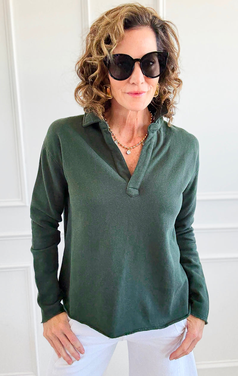 Eileen Cozy Lounge Collar Pullover Top - Deep Forest-110 Long Sleeve Tops-Mono B-Coastal Bloom Boutique, find the trendiest versions of the popular styles and looks Located in Indialantic, FL
