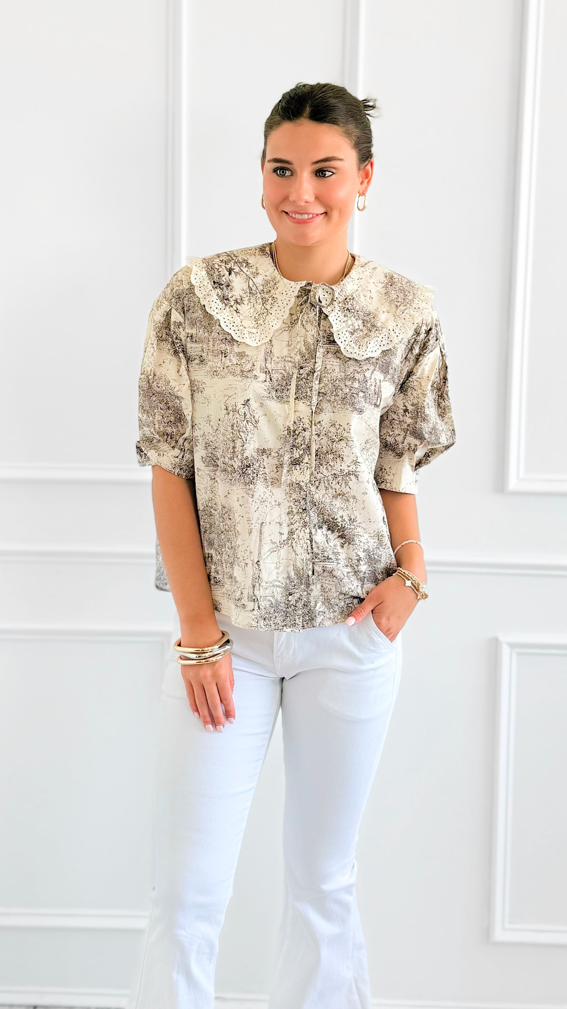 Countryside Reverie Puff Sleeve Top - Grey-110 Short Sleeve Tops-GIGIO-Coastal Bloom Boutique, find the trendiest versions of the popular styles and looks Located in Indialantic, FL
