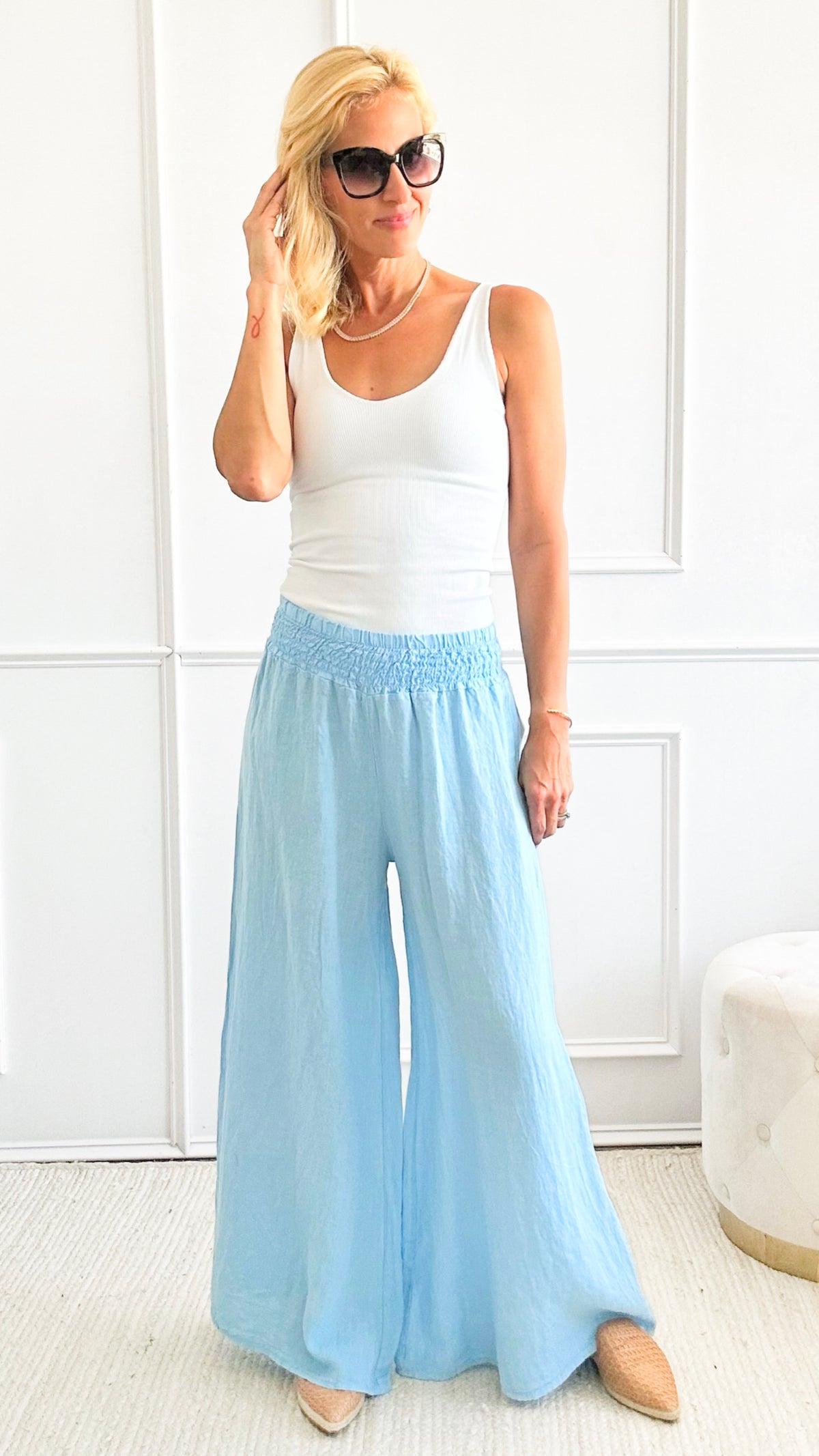 Born Free Linen Italian Palazzo - Sky Blue-170 Bottoms-Germany-Coastal Bloom Boutique, find the trendiest versions of the popular styles and looks Located in Indialantic, FL