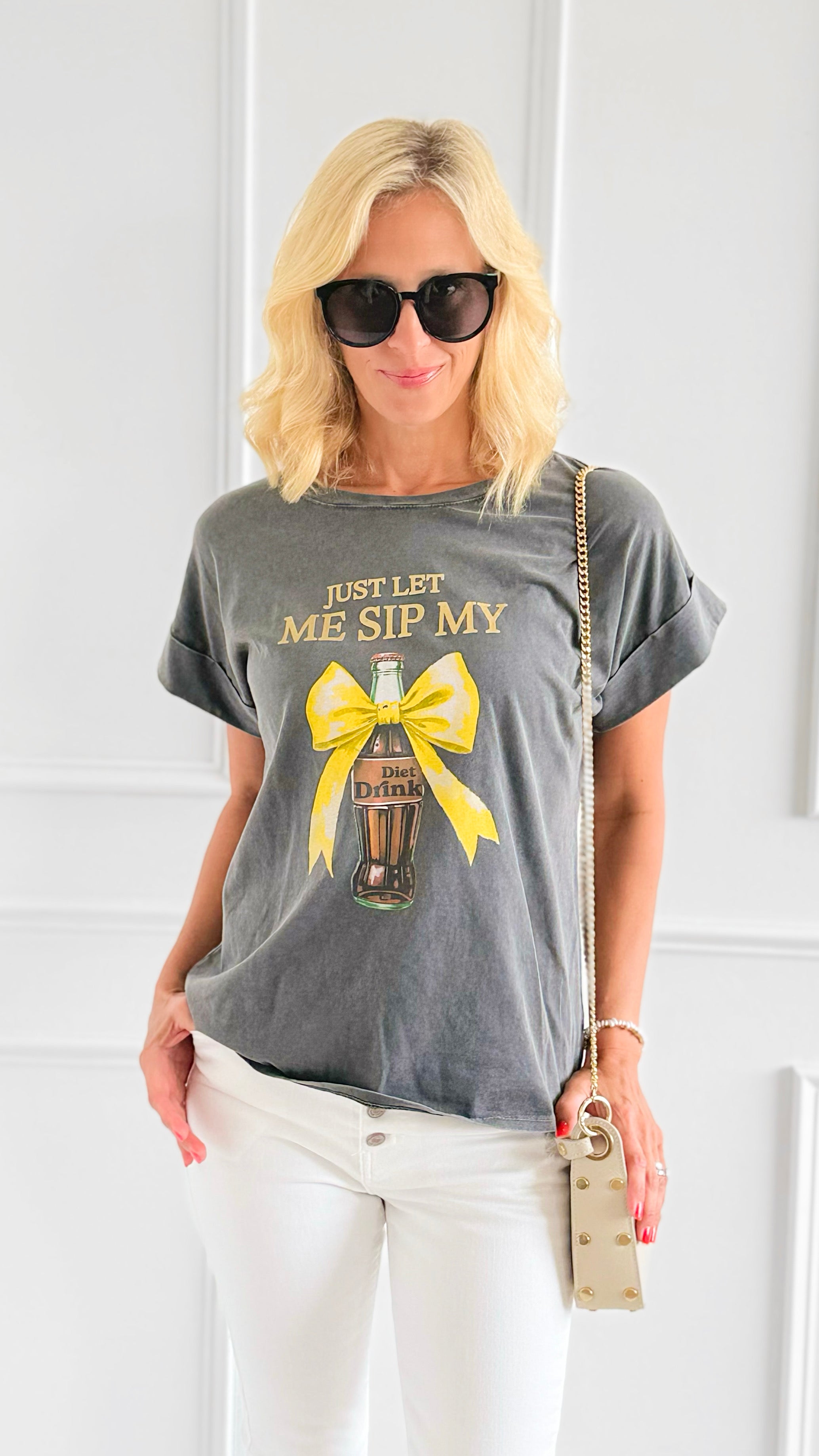 Bow & Drink Italian Graphic Tee-110 Short Sleeve Tops-FIRSTAGE-Coastal Bloom Boutique, find the trendiest versions of the popular styles and looks Located in Indialantic, FL