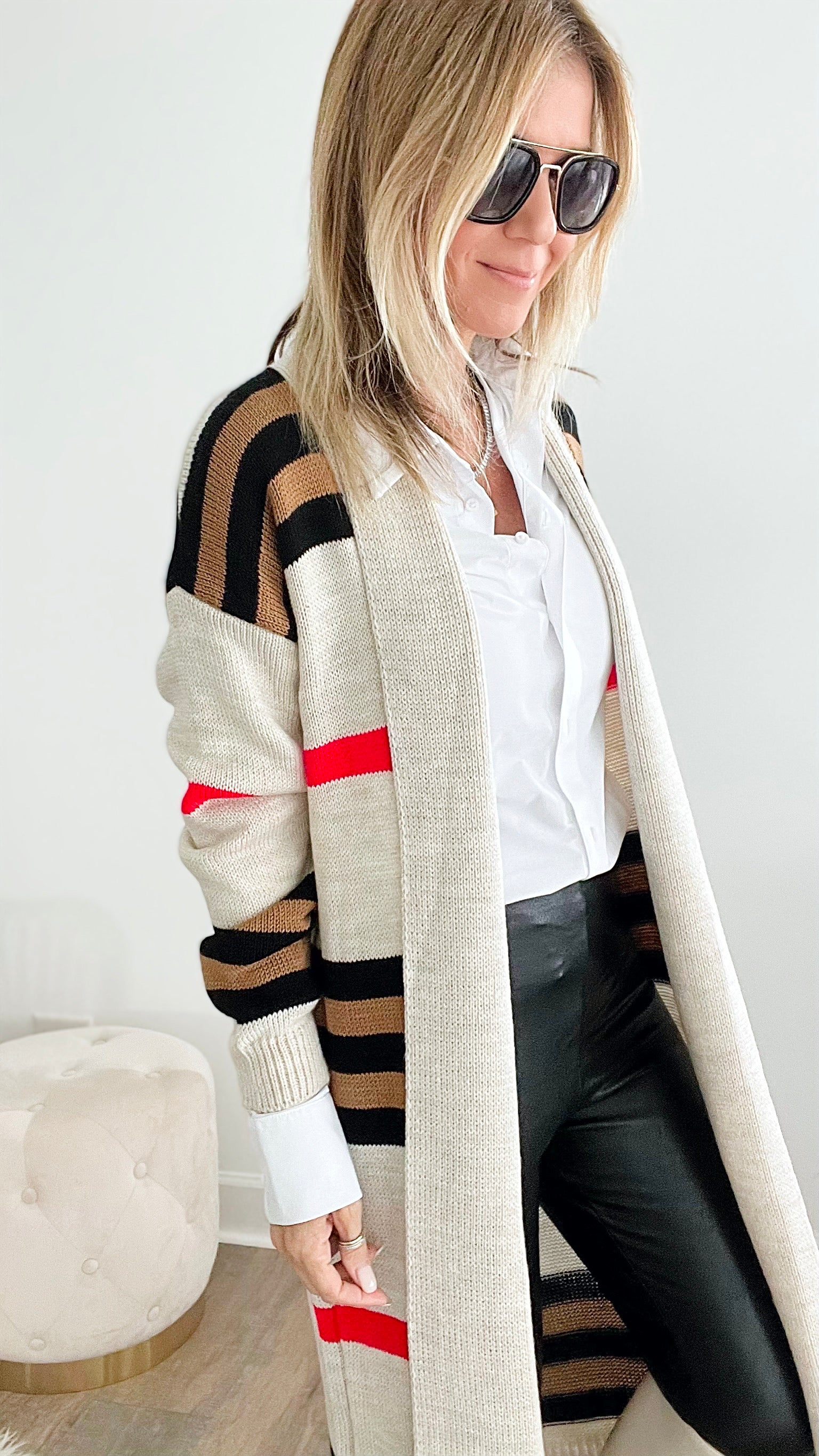 Striped Long Knitted Cardigan-Stone-150 Cardigans/Layers-Italianissimo-Coastal Bloom Boutique, find the trendiest versions of the popular styles and looks Located in Indialantic, FL