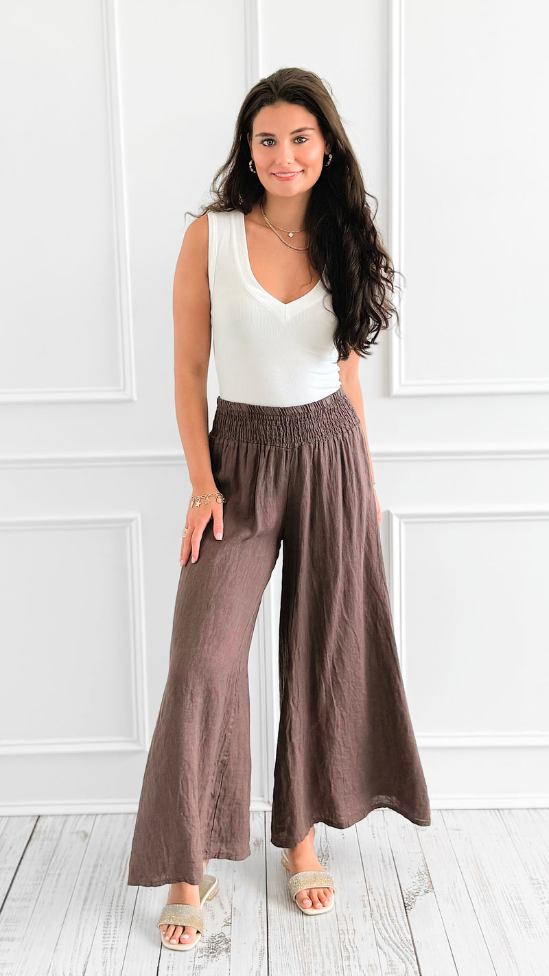 Born Free Linen Italian Palazzo - Brown-100 Pants-Italianissimo/PORCIENTO-Coastal Bloom Boutique, find the trendiest versions of the popular styles and looks Located in Indialantic, FL