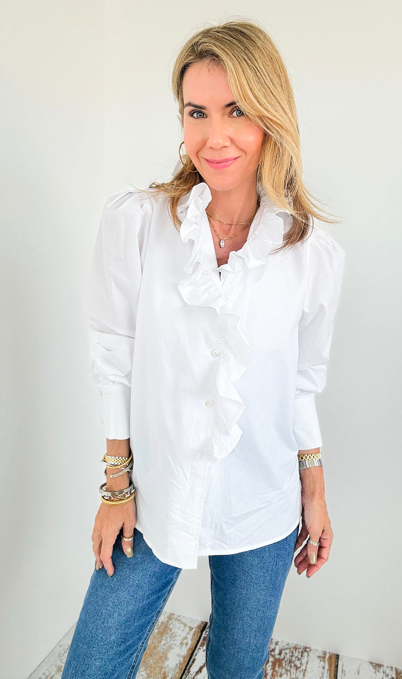 Ruffled Collar Button-Down Blouse-130 Long Sleeve Tops-Cezele-Coastal Bloom Boutique, find the trendiest versions of the popular styles and looks Located in Indialantic, FL