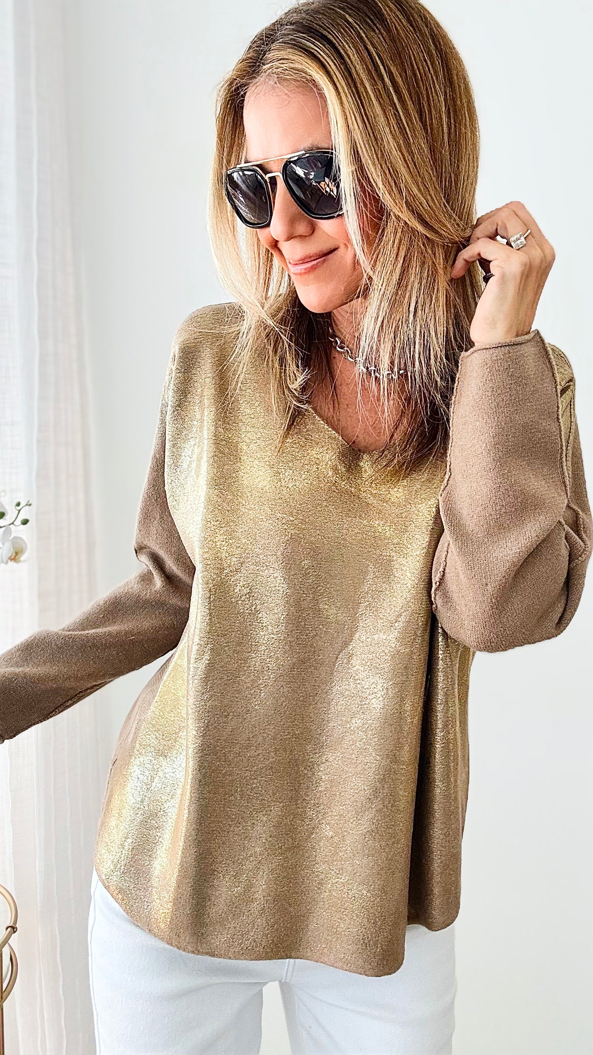 Gold Shine V-Neck Italian Pullover - Light Camel-140 Sweaters-Coastal Bloom-Coastal Bloom Boutique, find the trendiest versions of the popular styles and looks Located in Indialantic, FL