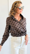 Charmed In Dots Italian Button Up Top- Brown-170 Bottoms-AZUL MONACO-Coastal Bloom Boutique, find the trendiest versions of the popular styles and looks Located in Indialantic, FL