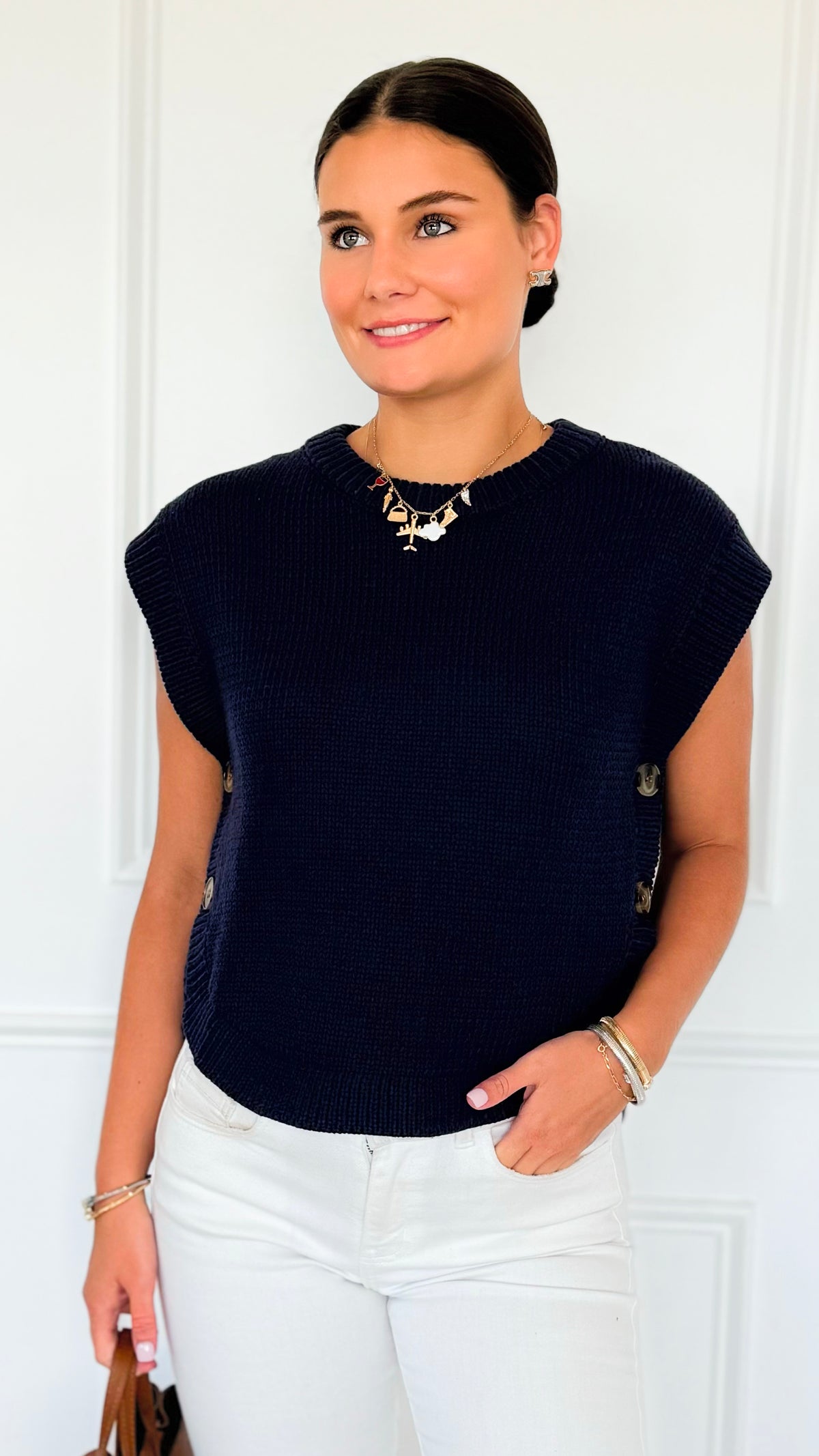 Signature Side Button Knit Vest - Midnight Navy-150 Cardigans/Layers-idem ditto-Coastal Bloom Boutique, find the trendiest versions of the popular styles and looks Located in Indialantic, FL