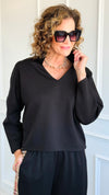 Everyday Luxe V-Neck - Black-110 Long Sleeve Tops-YELETE-Coastal Bloom Boutique, find the trendiest versions of the popular styles and looks Located in Indialantic, FL