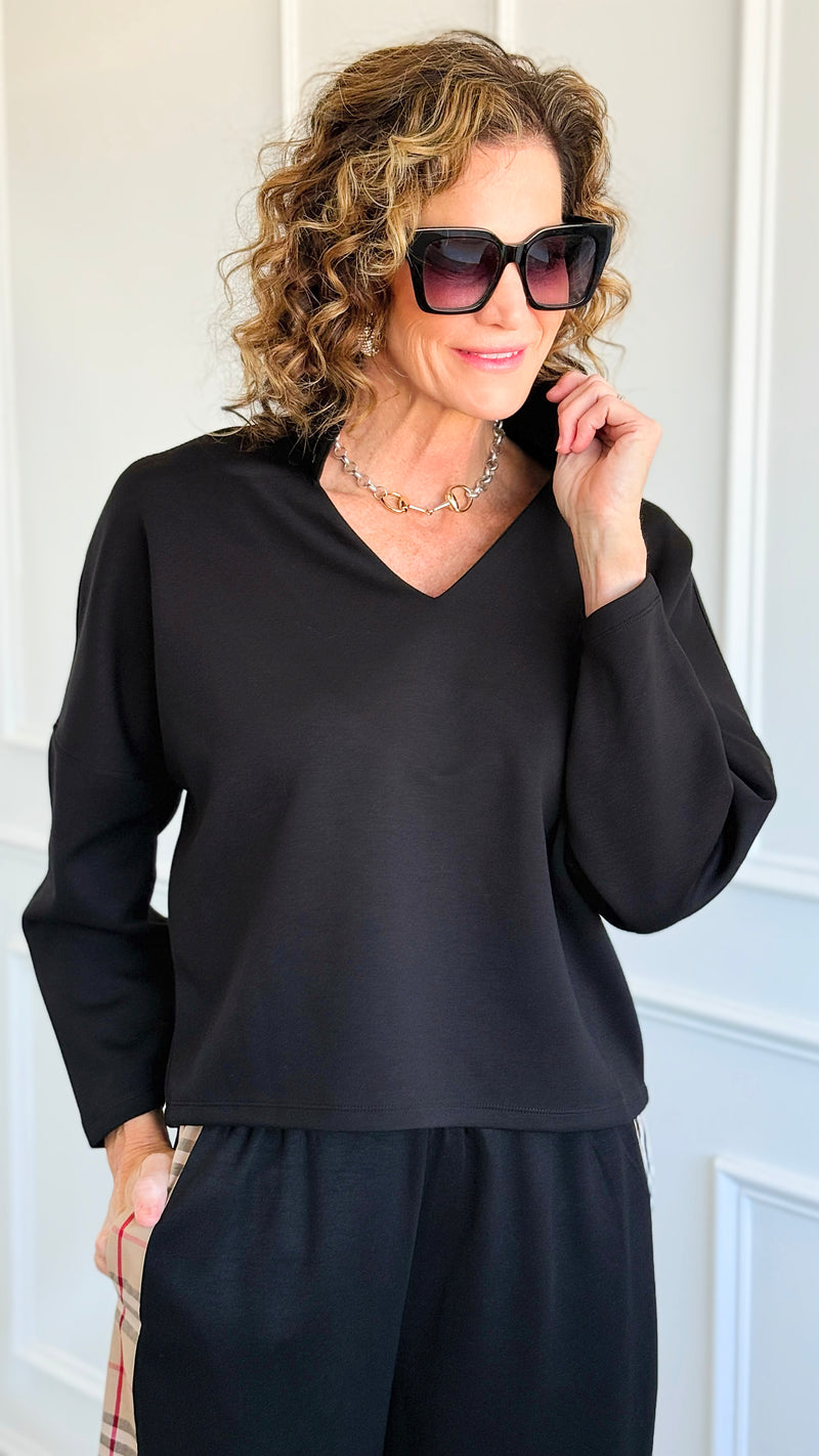Everyday Luxe V-Neck - Black-110 Long Sleeve Tops-YELETE-Coastal Bloom Boutique, find the trendiest versions of the popular styles and looks Located in Indialantic, FL