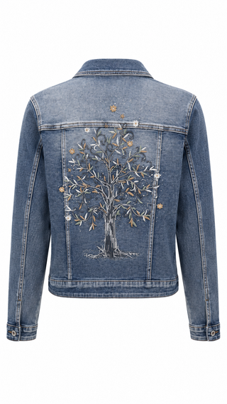 Shine Tree Motif Washed Denim Jacket