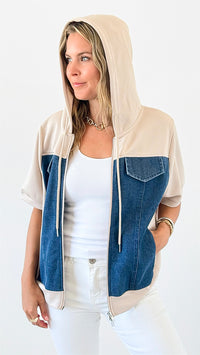 Denim Panel Short Sleeve Jacket-160 Jackets-Joh Apparel-Coastal Bloom Boutique, find the trendiest versions of the popular styles and looks Located in Indialantic, FL