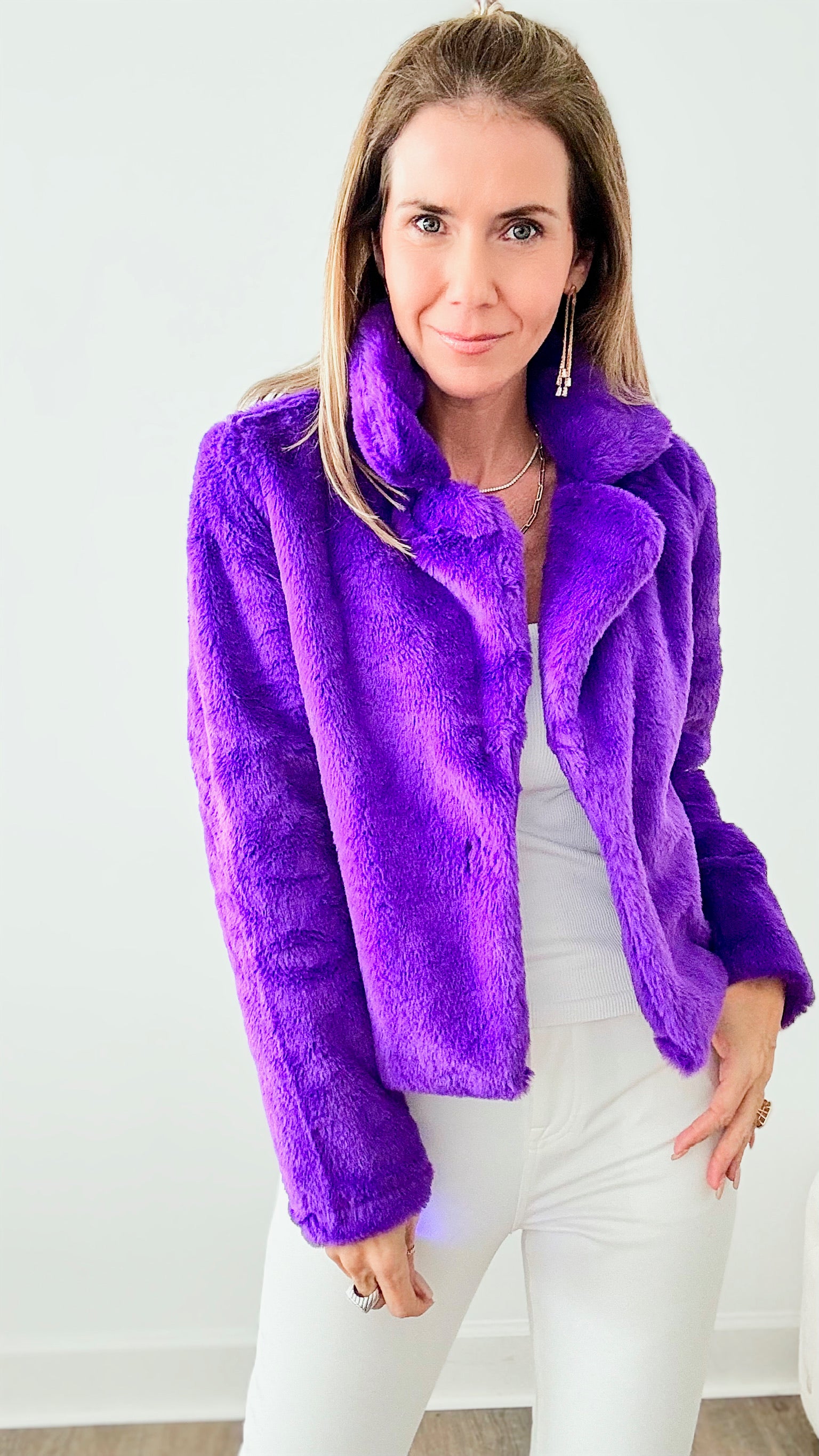 Lush Lux Faux Fur Collared Jacket Purple Coastal Bloom