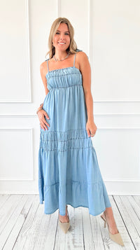 Coastal Chambray Tie Strap Maxi Dress-200 Dresses/Jumpsuits/Rompers-Blu Pepper-Coastal Bloom Boutique, find the trendiest versions of the popular styles and looks Located in Indialantic, FL