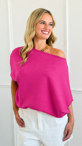 Margo Short Sleeve Scuba Boatneck Top - Fuchsia