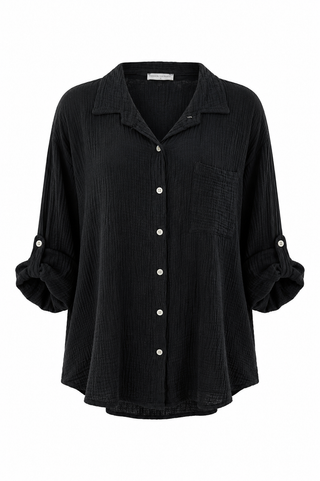 Breezy Gauze Italian Button Up Top- Black