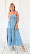 Coastal Chambray Tie Strap Maxi Dress-200 Dresses/Jumpsuits/Rompers-Blu Pepper-Coastal Bloom Boutique, find the trendiest versions of the popular styles and looks Located in Indialantic, FL