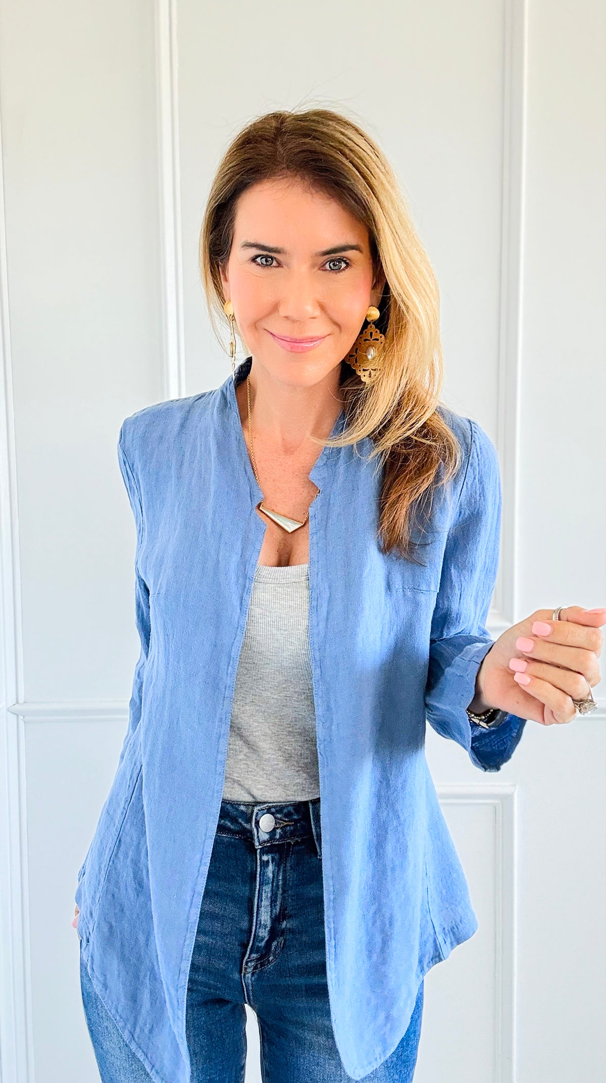 Breezy Linen Italian Blazer- Steel Blue-160 Jackets-TEMPO-Coastal Bloom Boutique, find the trendiest versions of the popular styles and looks Located in Indialantic, FL
