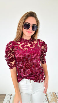 Sheer Lace Top- Burgundy-110 Short Sleeve Tops-pastel design-Coastal Bloom Boutique, find the trendiest versions of the popular styles and looks Located in Indialantic, FL