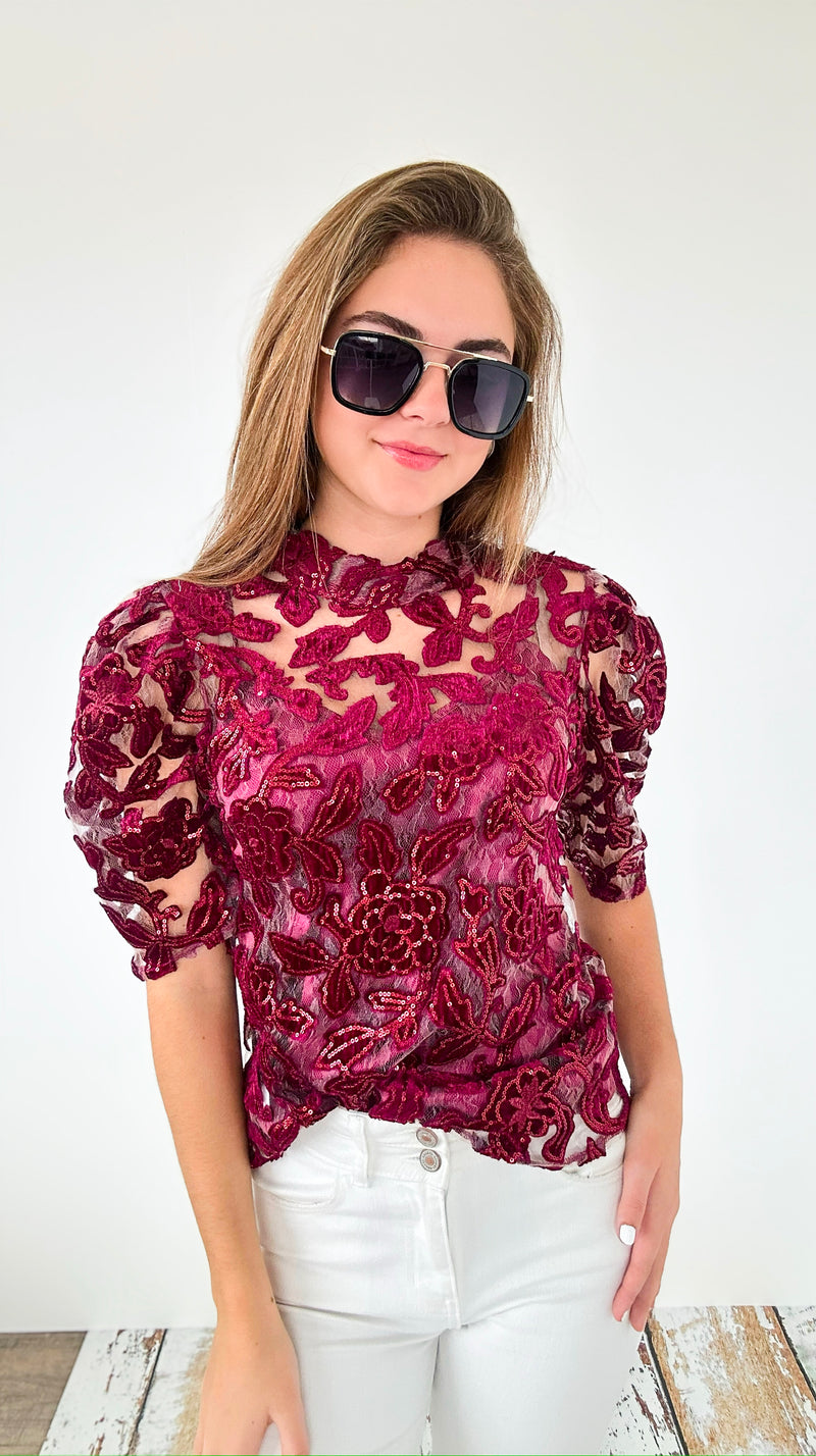 Sheer Lace Top- Burgundy-110 Short Sleeve Tops-pastel design-Coastal Bloom Boutique, find the trendiest versions of the popular styles and looks Located in Indialantic, FL