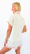 Ruffle Collar Zip Front Knit Top & Shorts Set - Cream-110 short Sleeve Top-Umgee-Coastal Bloom Boutique, find the trendiest versions of the popular styles and looks Located in Indialantic, FL