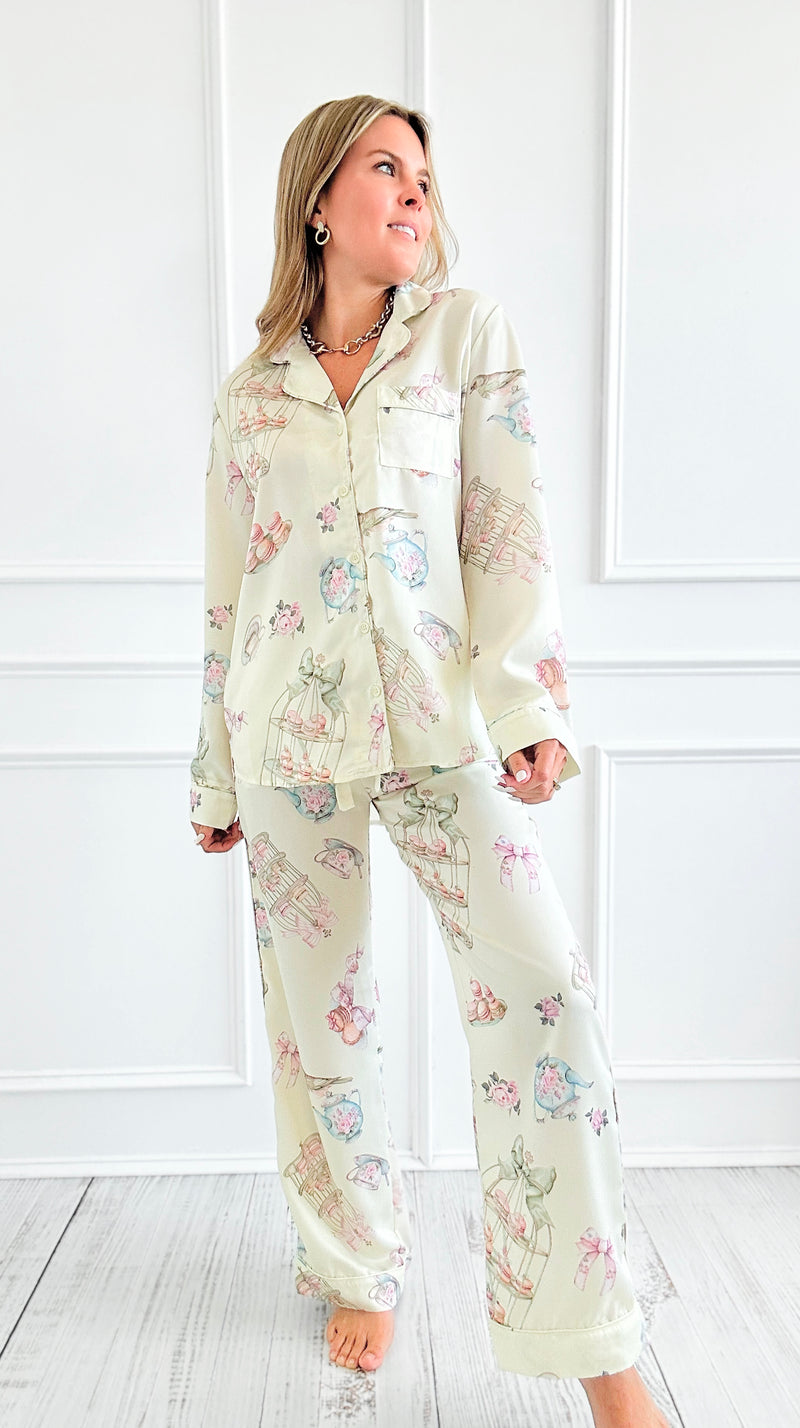 Macaron Tea Party Satin Pant Set-170 Bottoms-Fantastic Fawn-Coastal Bloom Boutique, find the trendiest versions of the popular styles and looks Located in Indialantic, FL