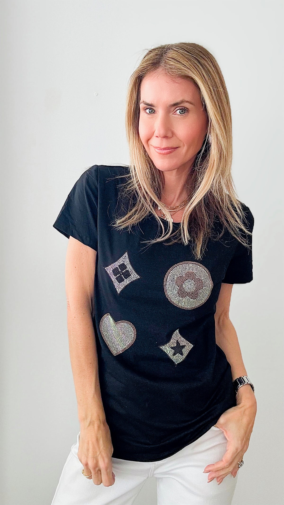 Clover & Heart Sequin Embellished Graphic Top - Black-110 Short Sleeve Tops-IN2YOU-Coastal Bloom Boutique, find the trendiest versions of the popular styles and looks Located in Indialantic, FL