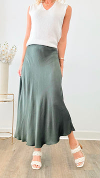 Brooklyn Italian Satin Midi Skirt - Army Green-170 Bottoms-Italianissimo-Coastal Bloom Boutique, find the trendiest versions of the popular styles and looks Located in Indialantic, FL