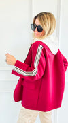 Stripes Of Power Italian Hooded Blazer- Burgundy-160 Jackets-ACQUA & LIMONE-Coastal Bloom Boutique, find the trendiest versions of the popular styles and looks Located in Indialantic, FL