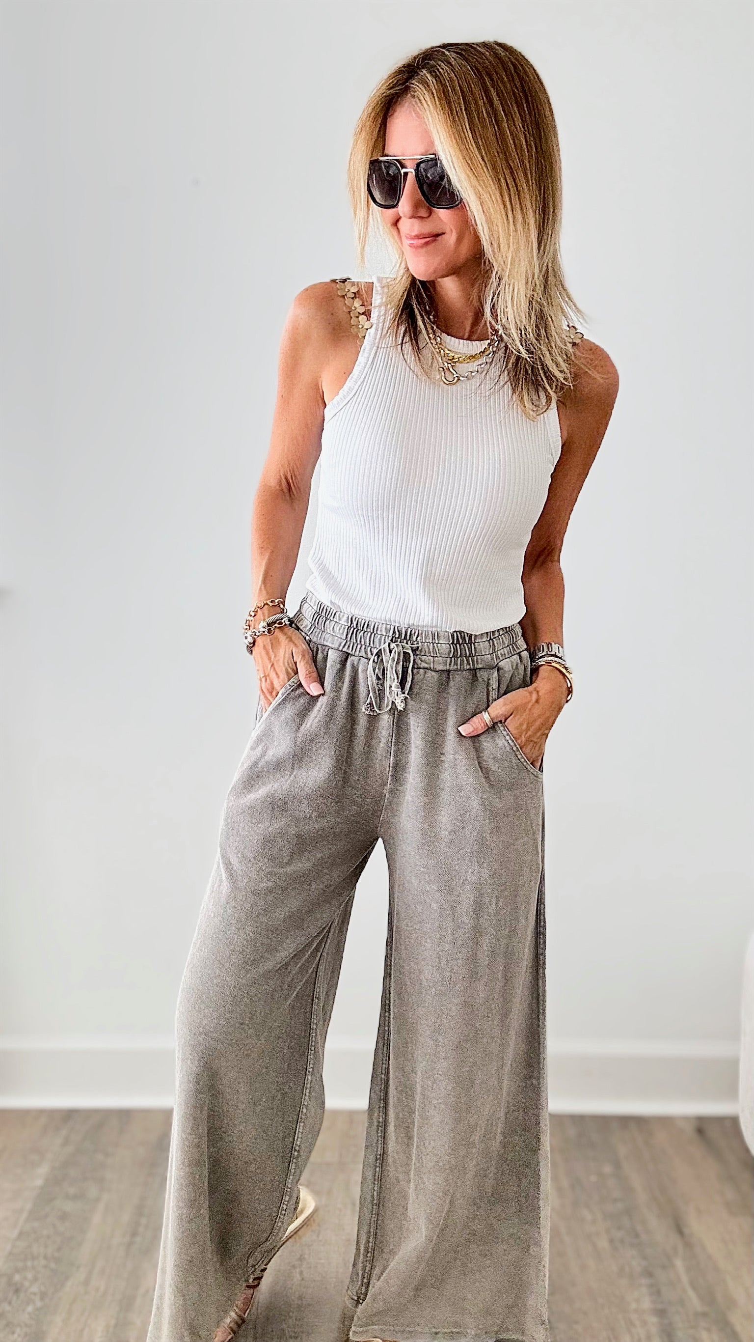 Mineral Washed Terry Wide Pants - Ash-170 Bottoms-EASEL-Coastal Bloom Boutique, find the trendiest versions of the popular styles and looks Located in Indialantic, FL