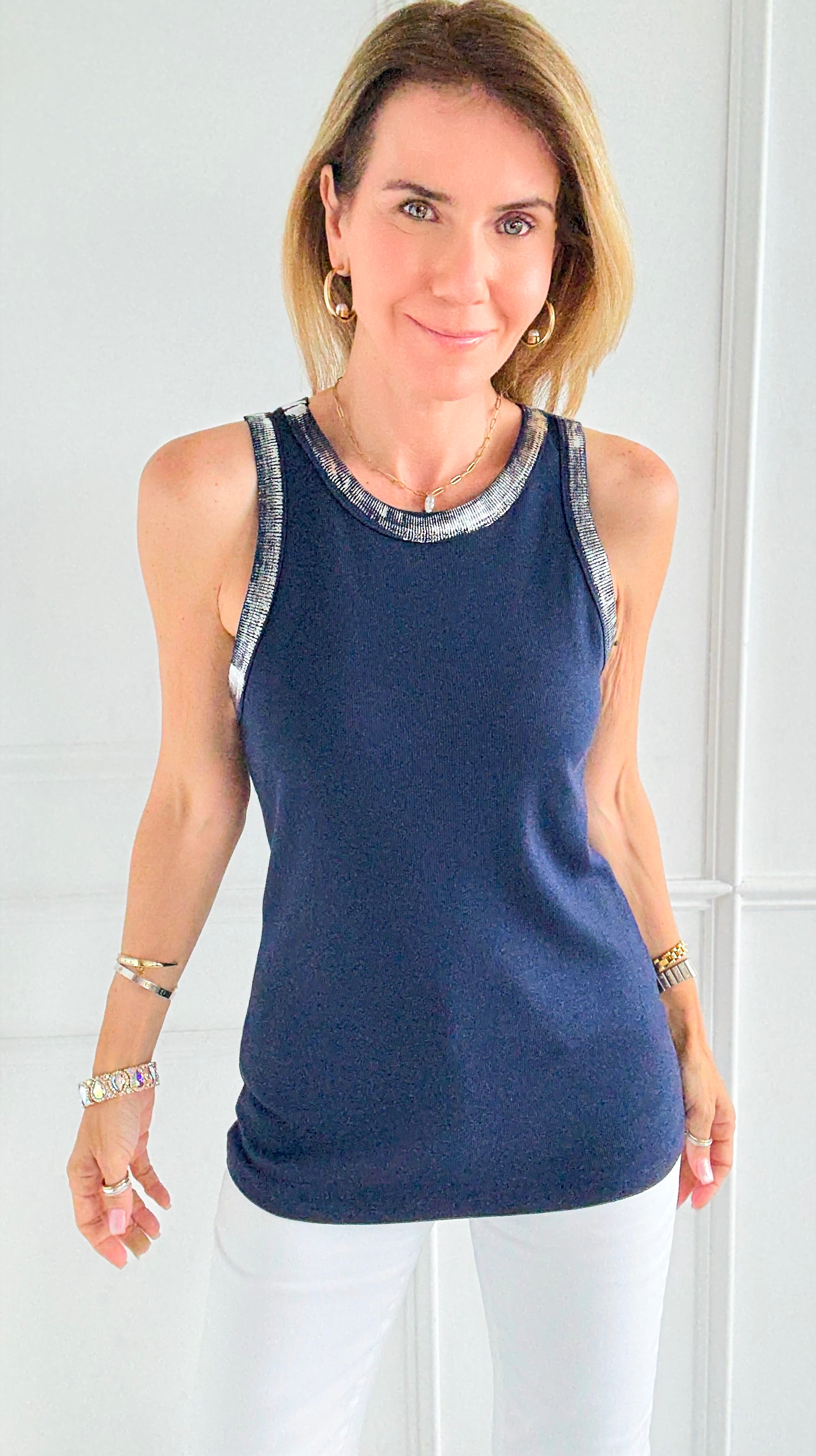 Metallic Foil Detailed Ribbed Italian Tank- Silver/Navy-100 Sleeveless Tops-Italianissimo-Coastal Bloom Boutique, find the trendiest versions of the popular styles and looks Located in Indialantic, FL