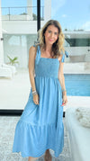 Chambray Smocked Maxi Dress-200 Dresses/Jumpsuits/Rompers-Blu Pepper-Coastal Bloom Boutique, find the trendiest versions of the popular styles and looks Located in Indialantic, FL