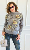 Sequin Blossom Italian Knit Sweater- Grey-140 Sweaters-AZUL MONACO-Coastal Bloom Boutique, find the trendiest versions of the popular styles and looks Located in Indialantic, FL