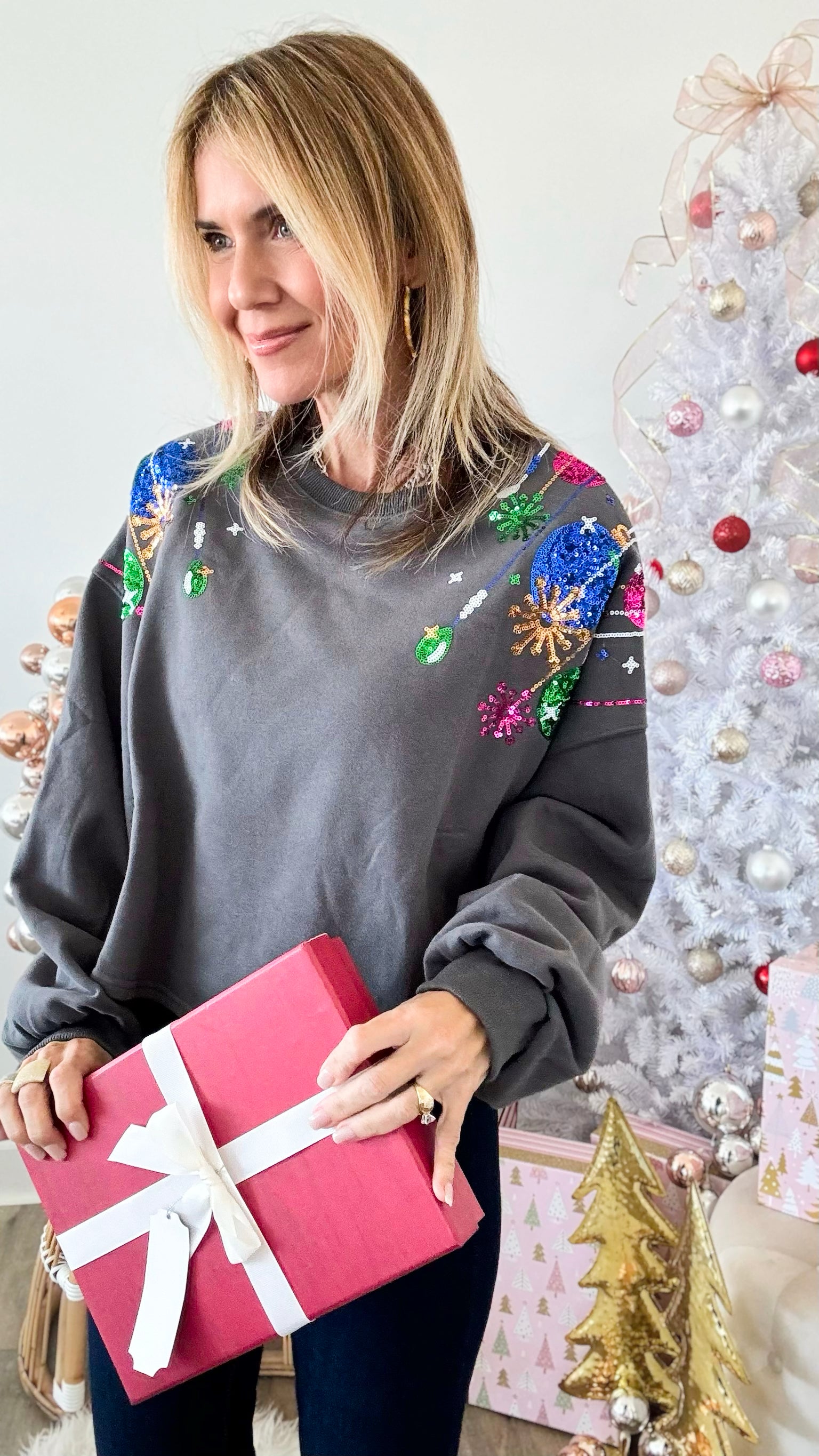 Sequin Christmas Ornament Crop Sweatshirt - Charcoal-140 Sweaters-Peach Love California-Coastal Bloom Boutique, find the trendiest versions of the popular styles and looks Located in Indialantic, FL