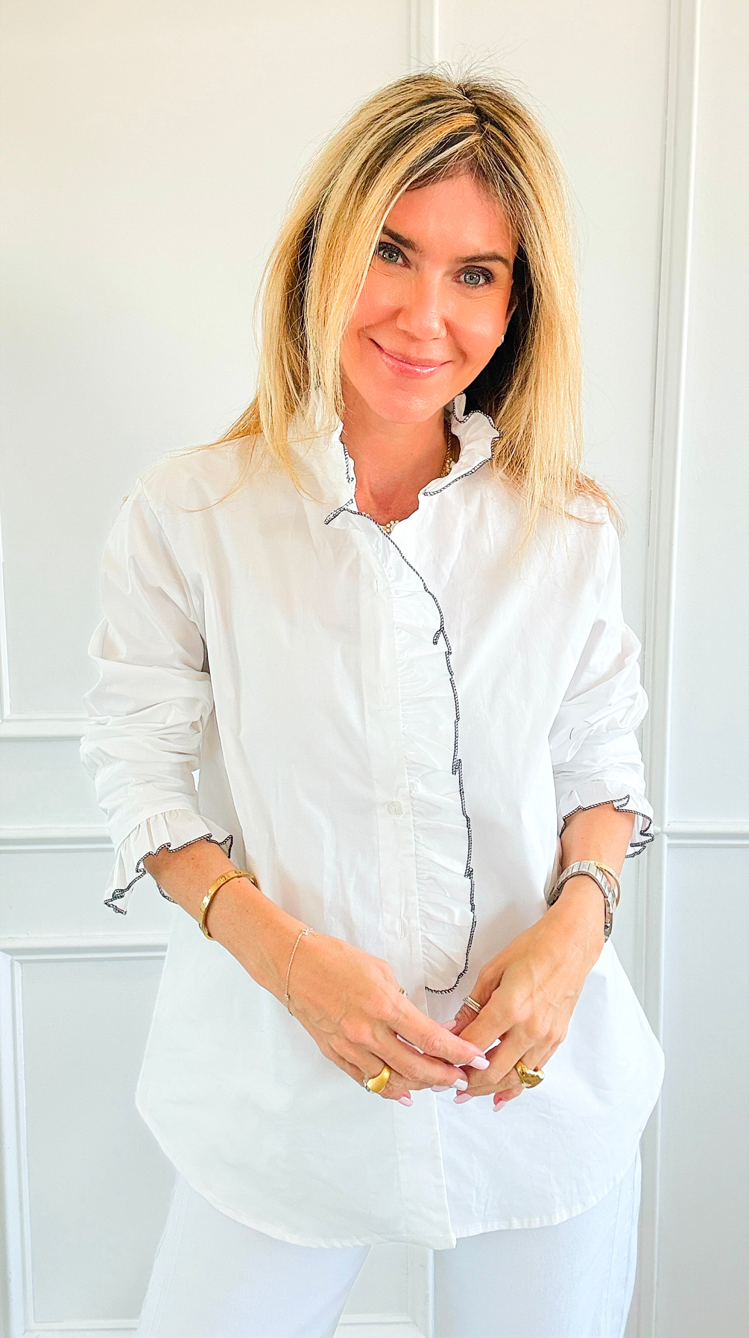 Ruffle Contour Elegance Italian Button Top- White