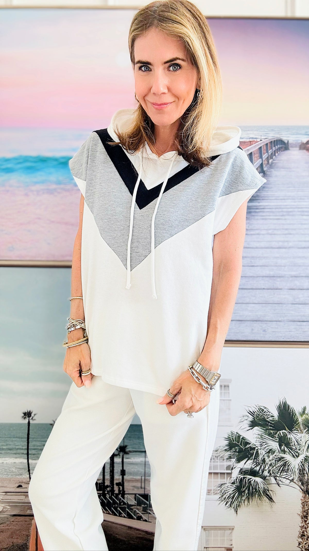 Short Sleeve Chevron Detailed Sweatshirt - White-110 Short Sleeve Tops-CULTURE CODE-Coastal Bloom Boutique, find the trendiest versions of the popular styles and looks Located in Indialantic, FL