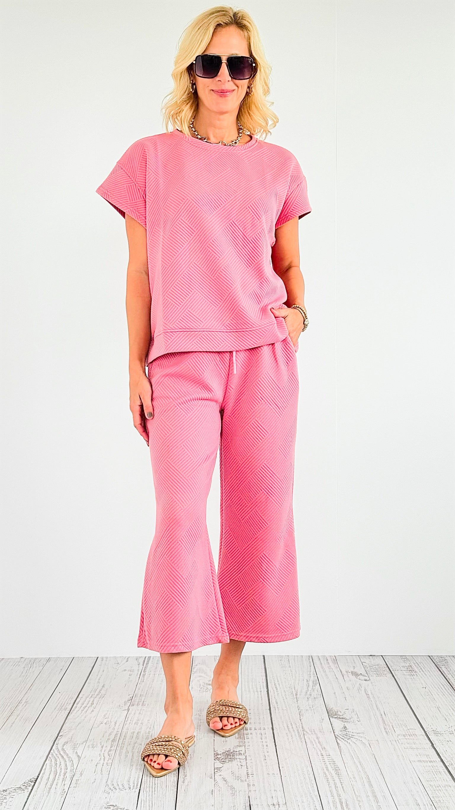 French Terry Wide Pants - Coral Pink-170 Bottoms-Veveret-Coastal Bloom Boutique, find the trendiest versions of the popular styles and looks Located in Indialantic, FL