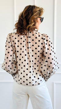 Dot Darling Ruffle Italian Button Down Top-110 Long Sleeve Tops-AZUL MONACO-Coastal Bloom Boutique, find the trendiest versions of the popular styles and looks Located in Indialantic, FL
