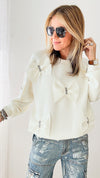 Fiora French Scuba Ribbon-Bow Sweatshirt - White-130 Long Sleeve Tops-Joh Apparel-Coastal Bloom Boutique, find the trendiest versions of the popular styles and looks Located in Indialantic, FL