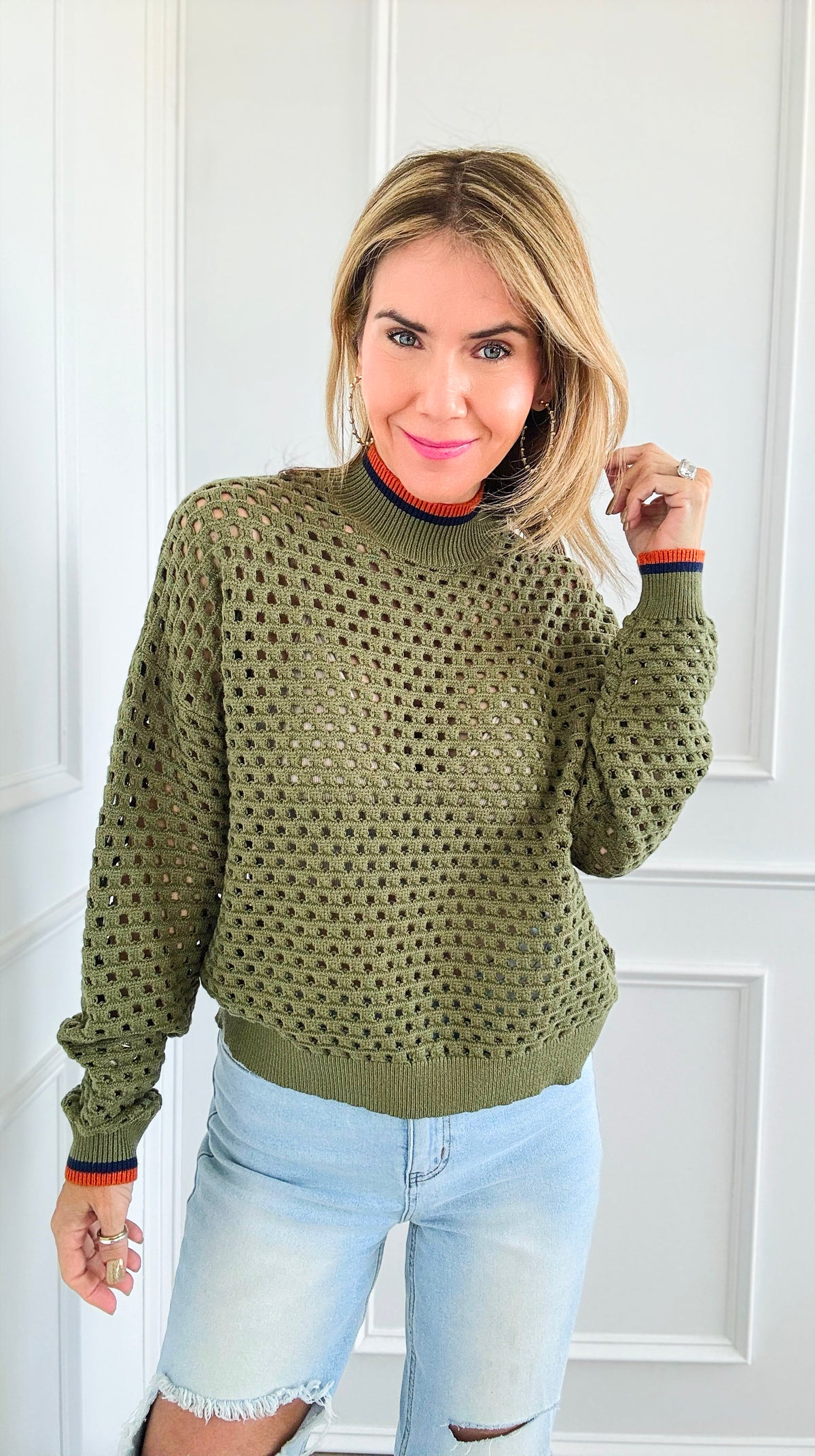 Color Block Eyelet Knit Sweater-Olive-140 Sweaters-THML-Coastal Bloom Boutique, find the trendiest versions of the popular styles and looks Located in Indialantic, FL