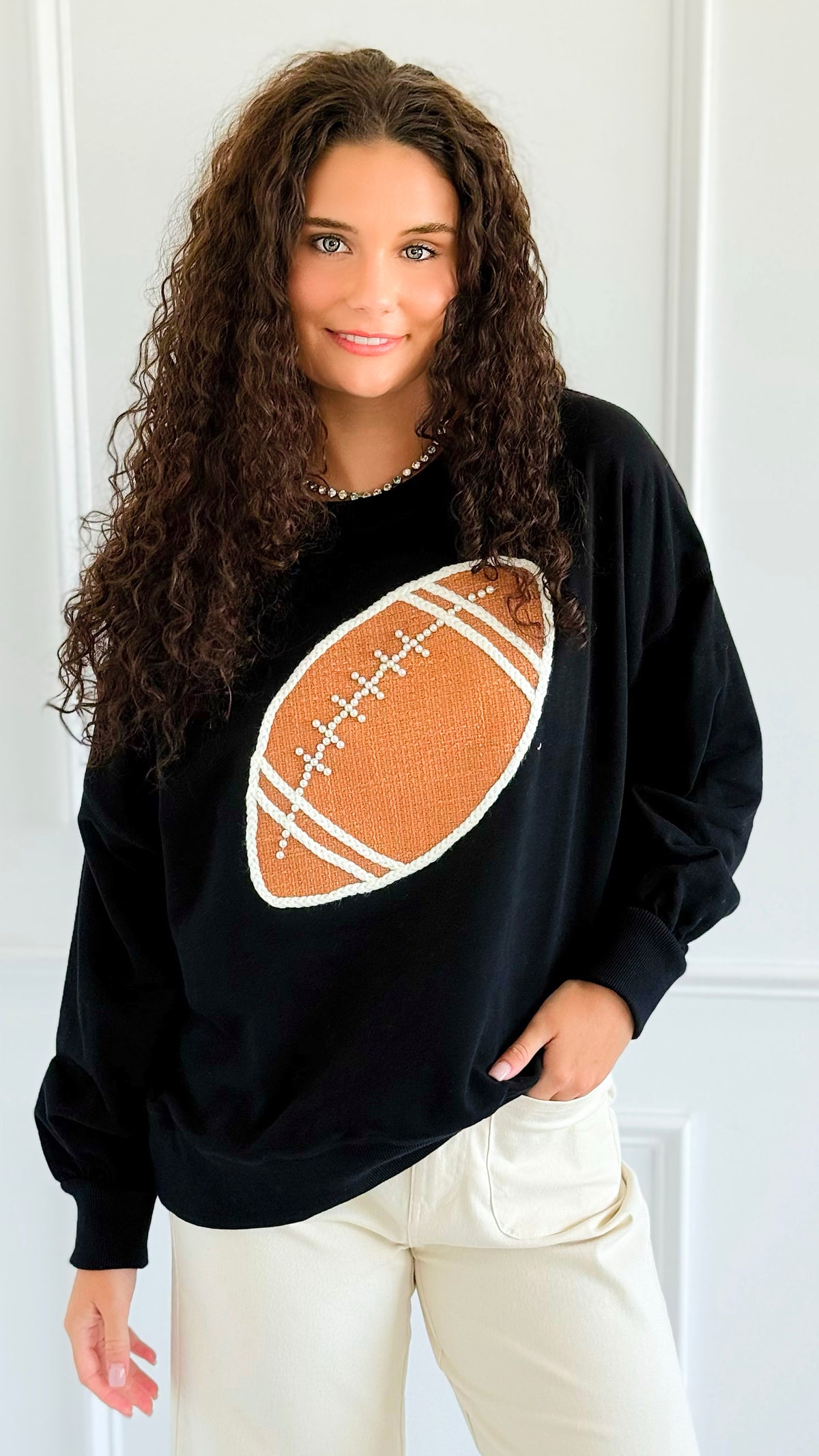 Touchdown Pearl Patch Sweatshirt-110 Long Sleeve Tops-Peach Love California-Coastal Bloom Boutique, find the trendiest versions of the popular styles and looks Located in Indialantic, FL