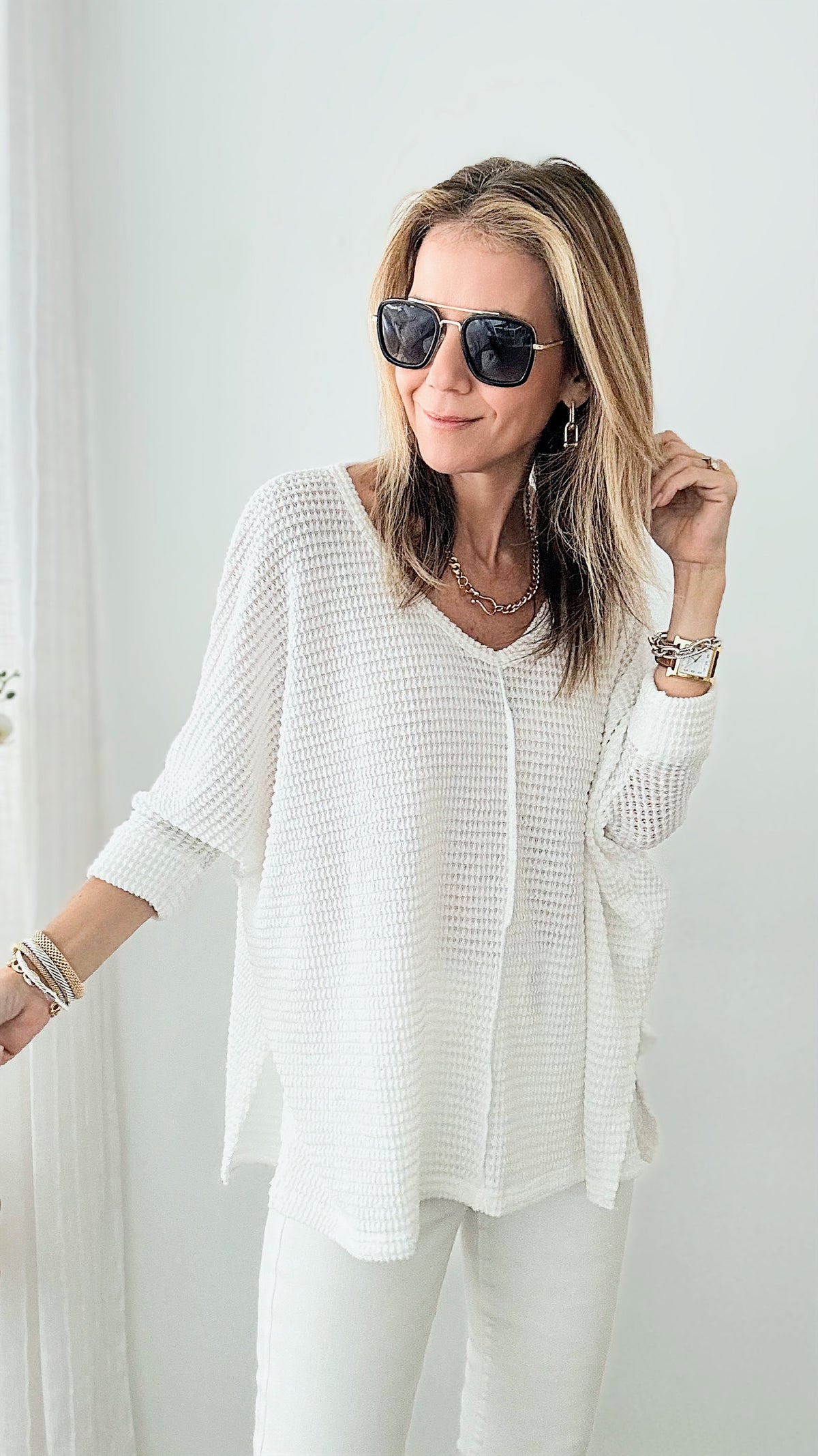 Hi-Low Hem Jacquard Sweater - Off White-140 Sweaters-Zenana-Coastal Bloom Boutique, find the trendiest versions of the popular styles and looks Located in Indialantic, FL