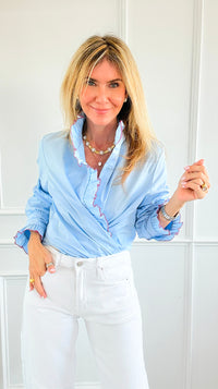 Ruffle Contour Elegance Italian Button Top- Sky Blue