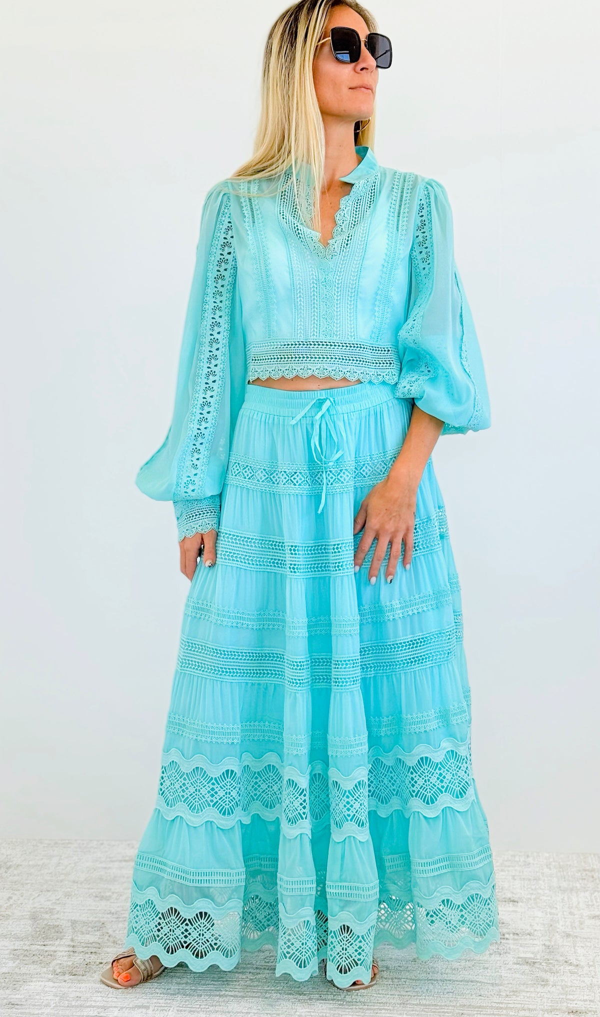 Turquoise Lace Top & Skirt Set-210 Loungewear/Sets-JJ'S FAIRYLAND-Coastal Bloom Boutique, find the trendiest versions of the popular styles and looks Located in Indialantic, FL