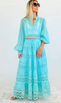 Turquoise Lace Top & Skirt Set-210 Loungewear/Sets-JJ'S FAIRYLAND-Coastal Bloom Boutique, find the trendiest versions of the popular styles and looks Located in Indialantic, FL