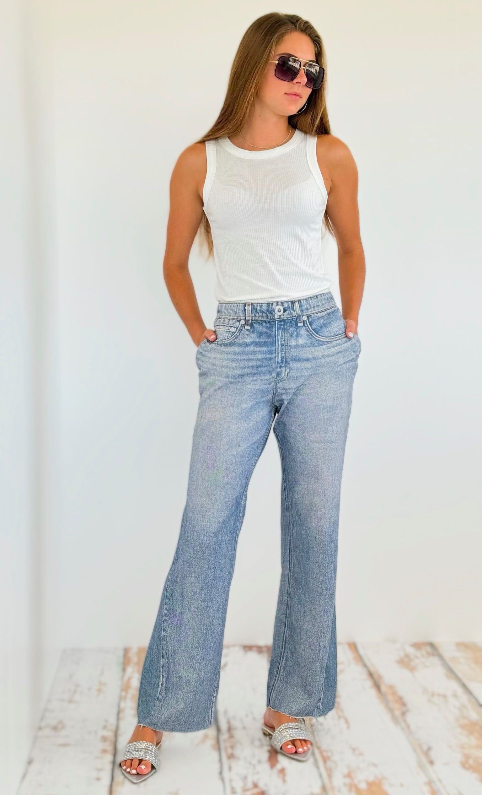 Washed Denim Elastic Waist Pants - Light Denim-170 Bottoms-oddi-Coastal Bloom Boutique, find the trendiest versions of the popular styles and looks Located in Indialantic, FL