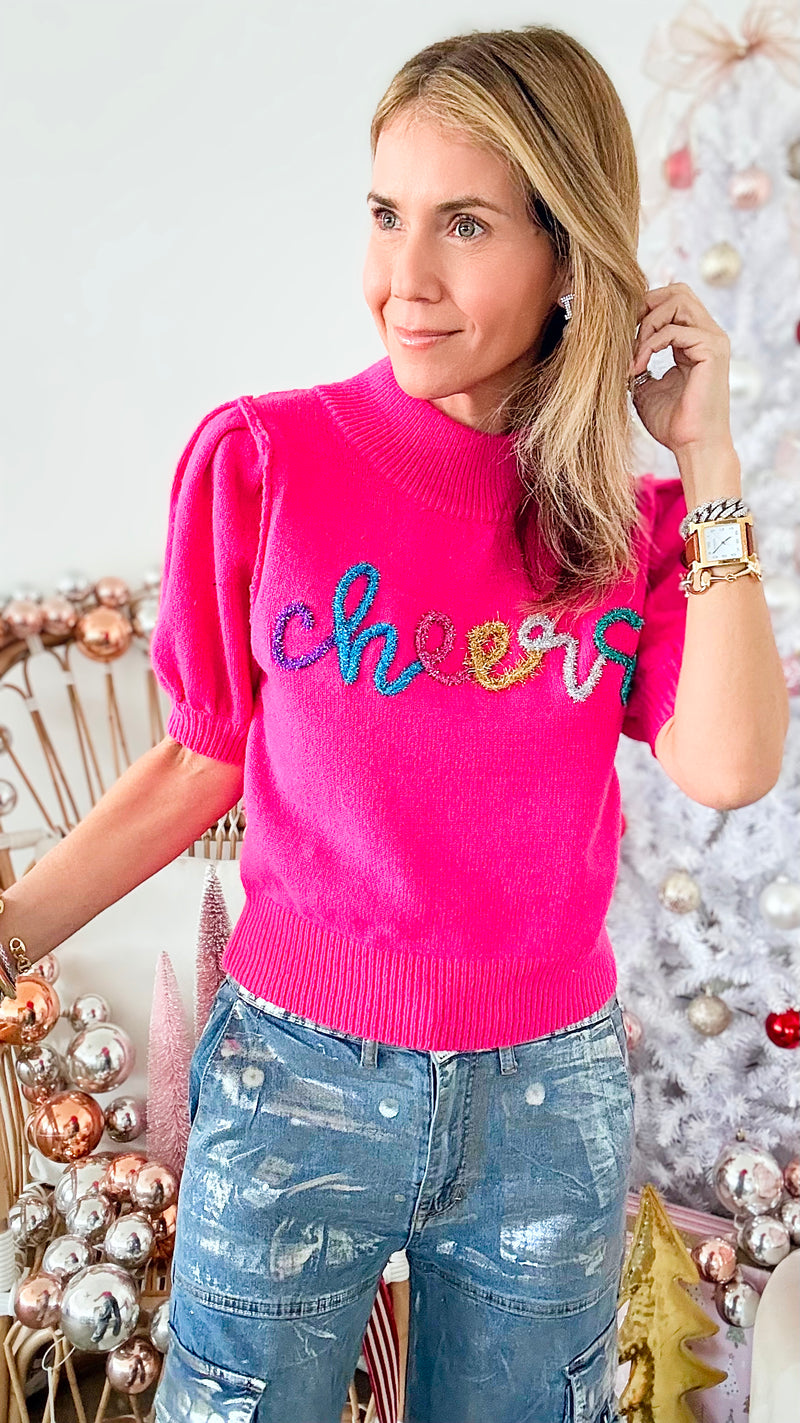 "Cheers" Lurex Embroidery Sweater - Deep Pink-140 Sweaters-Peach Love California-Coastal Bloom Boutique, find the trendiest versions of the popular styles and looks Located in Indialantic, FL