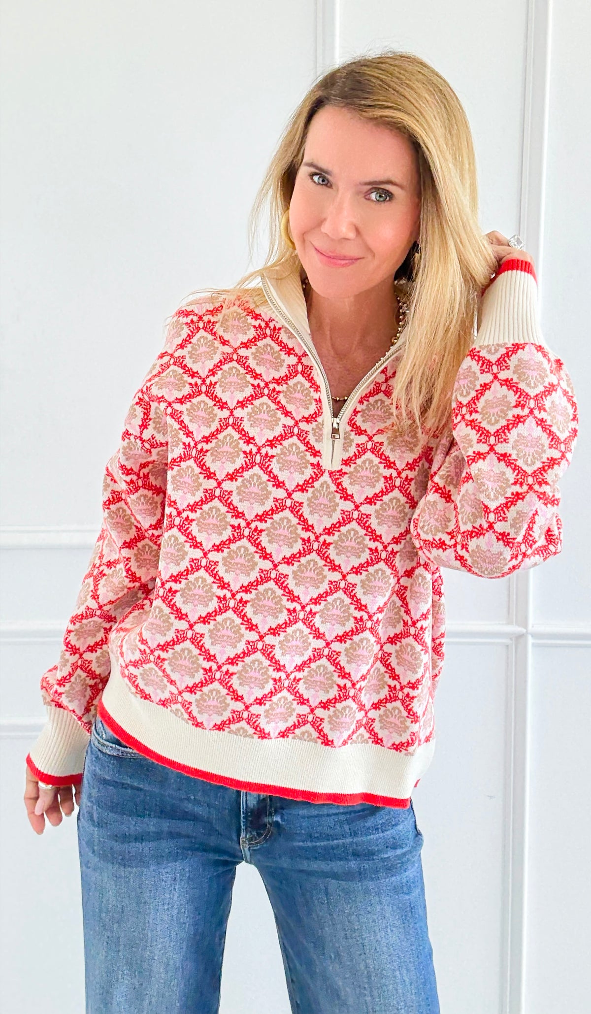 Tri-Bloom Zip Mock Sweater-Cream/Orange-140 Sweaters-&MERCI-Coastal Bloom Boutique, find the trendiest versions of the popular styles and looks Located in Indialantic, FL