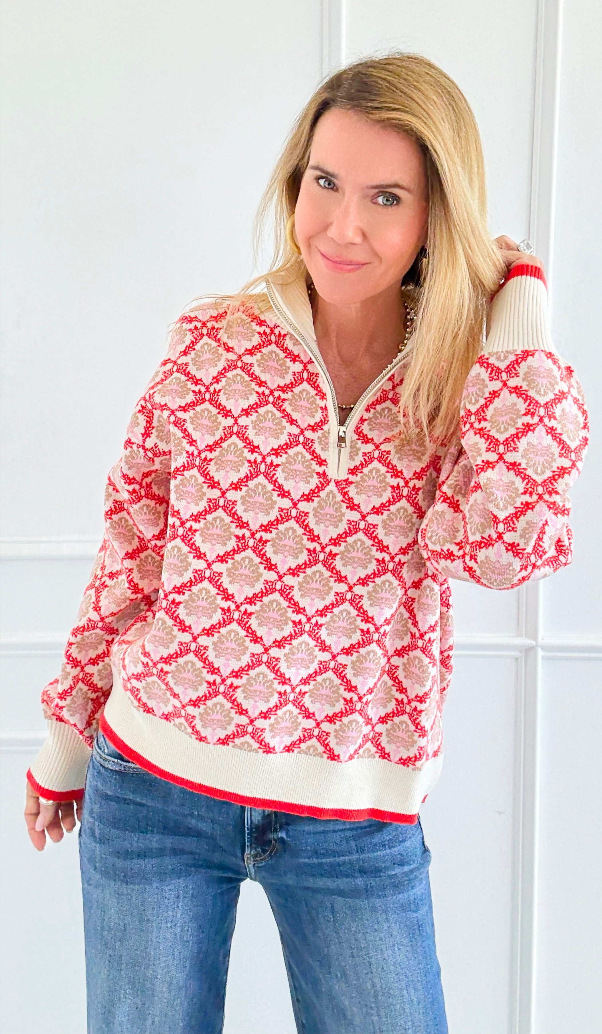 Tri-Bloom Zip Mock Sweater-Cream/Orange-140 Sweaters-&MERCI-Coastal Bloom Boutique, find the trendiest versions of the popular styles and looks Located in Indialantic, FL