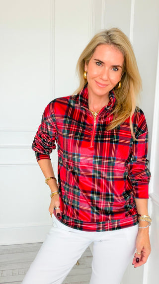 The Plaid Edit Quarter Zip Italian Top- Red