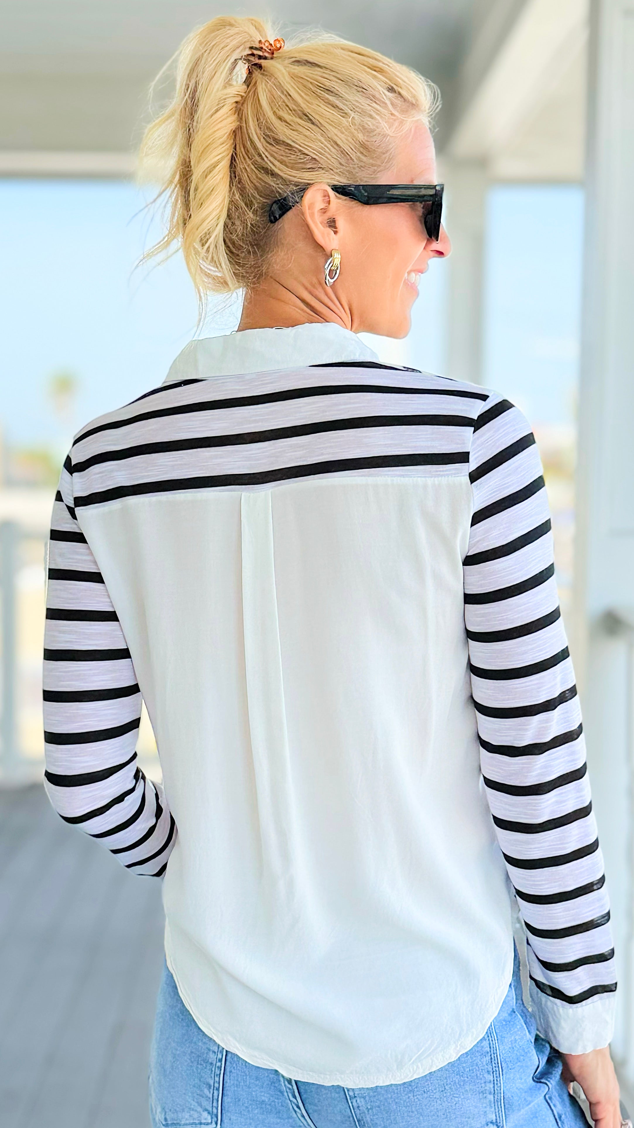 Stripe & Contrast Long Blouse
