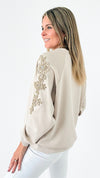 Ornate Blossom Sleeve Italian Sweater- Beige-140 Sweaters-Italianissimo-Coastal Bloom Boutique, find the trendiest versions of the popular styles and looks Located in Indialantic, FL